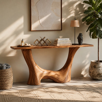 Console Table with Sculptural Wave Base in Natural Solid Wood for Entryways - Woodenecho - 6