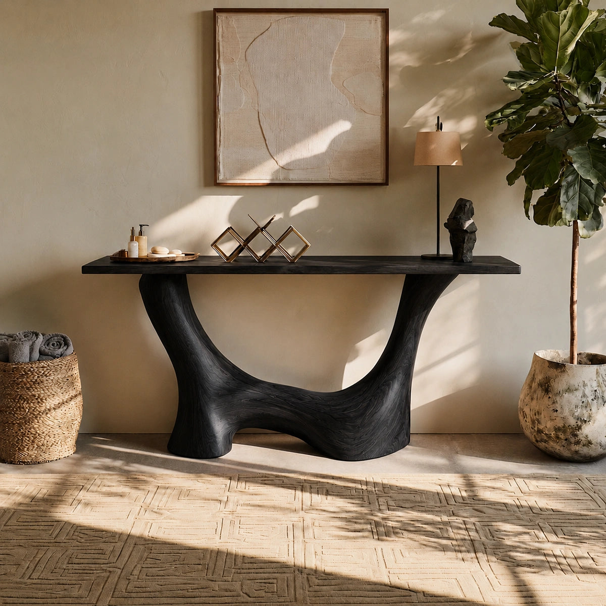 Console Table with Sculptural Wave Base in Natural Solid Wood for Entryways - Woodenecho - 7
