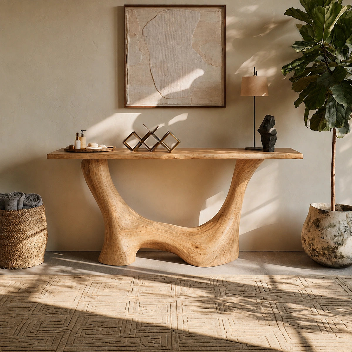 Console Table with Sculptural Wave Base in Natural Solid Wood for Entryways - Woodenecho - 8