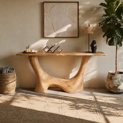 Console Table with Sculptural Wave Base in Natural Solid Wood for Entryways - Woodenecho - 8