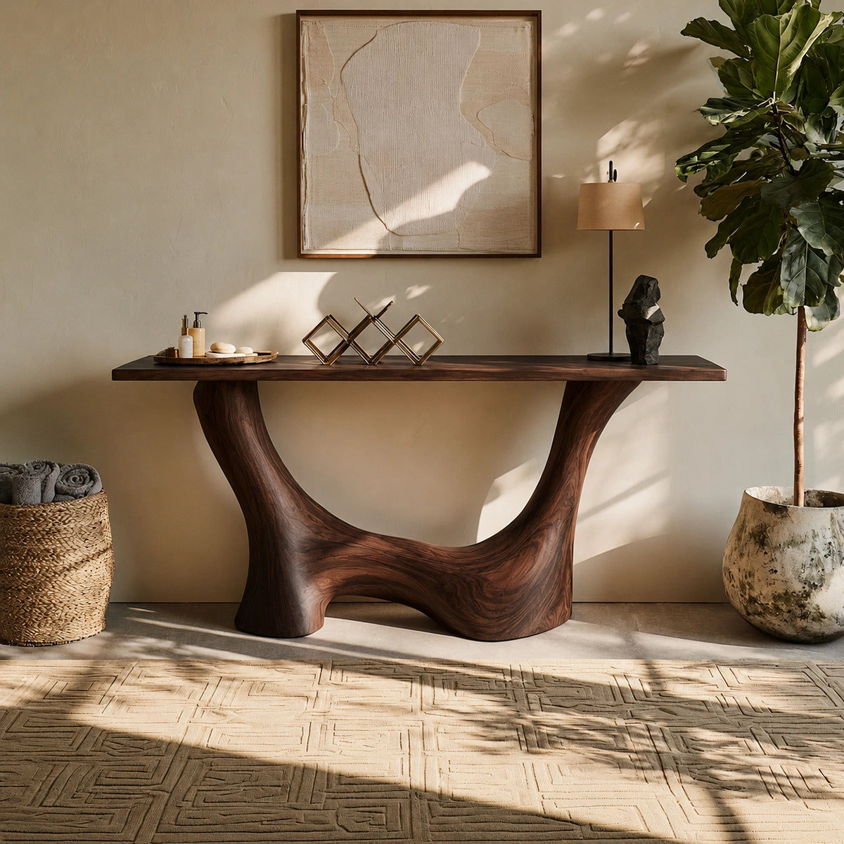 Console Table with Sculptural Wave Base in Natural Solid Wood for Entryways - Woodenecho - 9