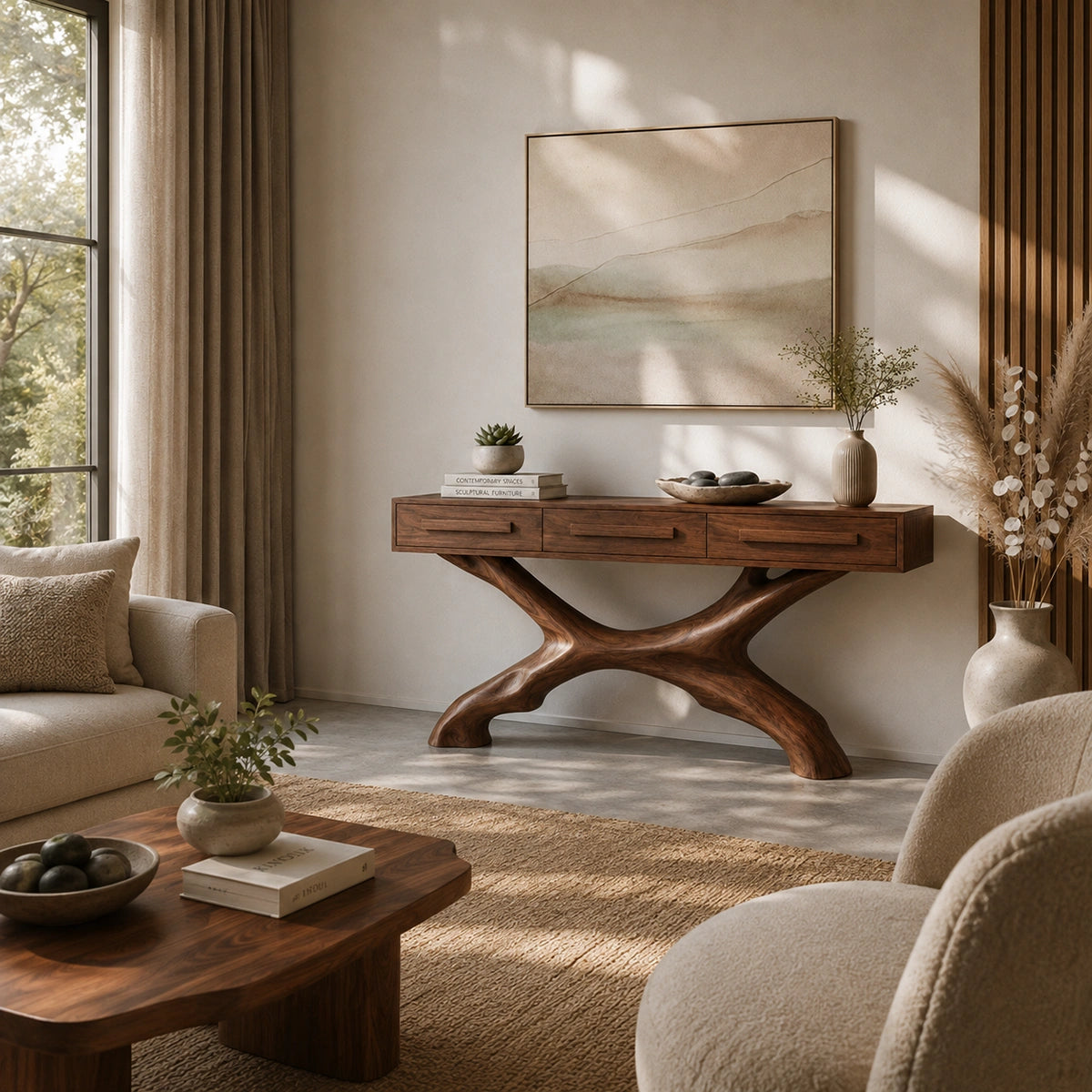 Console Table with Sculptural X-Base in Natural Solid Wood for Entryways - Woodenecho - 1