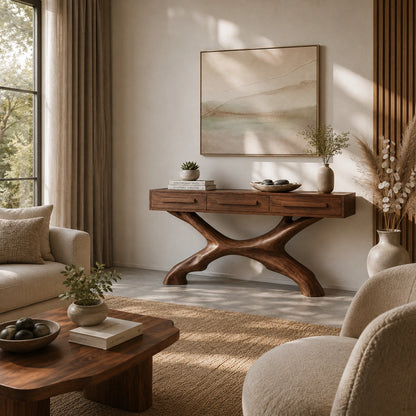 Console Table with Sculptural X-Base in Natural Solid Wood for Entryways - Woodenecho - 1