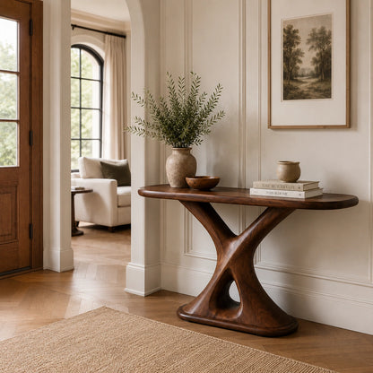 Console Table with Sculptural X-Base in Natural Solid Wood for Entryways - Woodenecho - 1