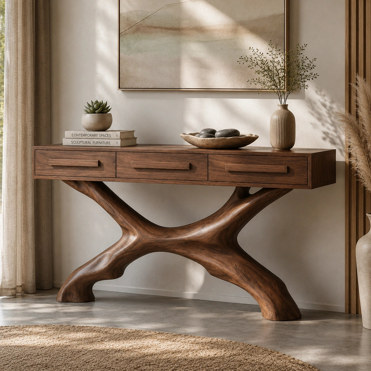 Console Table with Sculptural X-Base in Natural Solid Wood for Entryways - Woodenecho - 2