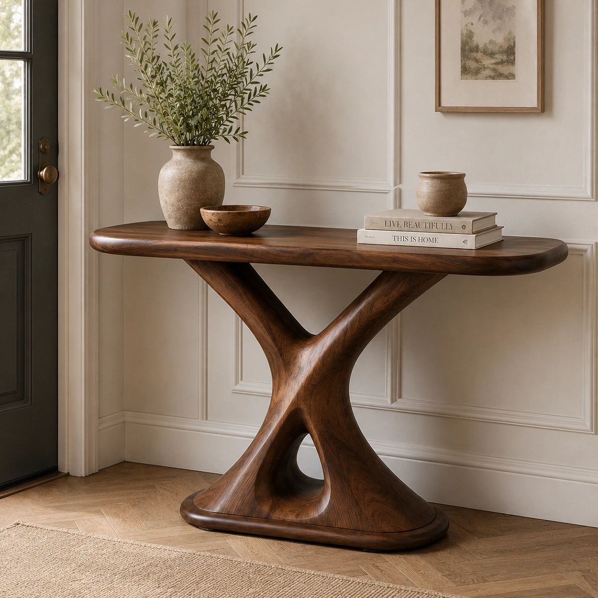Console Table with Sculptural X-Base in Natural Solid Wood for Entryways - Woodenecho - 2