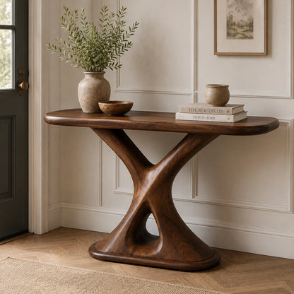 Console Table with Sculptural X-Base in Natural Solid Wood for Entryways - Woodenecho - 2