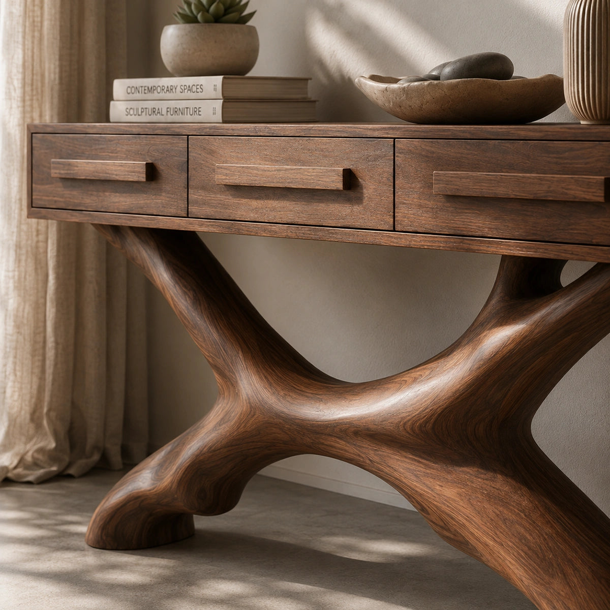 Console Table with Sculptural X-Base in Natural Solid Wood for Entryways - Woodenecho - 3
