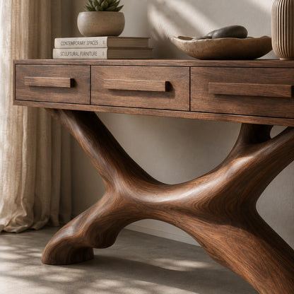 Console Table with Sculptural X-Base in Natural Solid Wood for Entryways - Woodenecho - 3