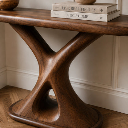 Console Table with Sculptural X-Base in Natural Solid Wood for Entryways - Woodenecho - 3