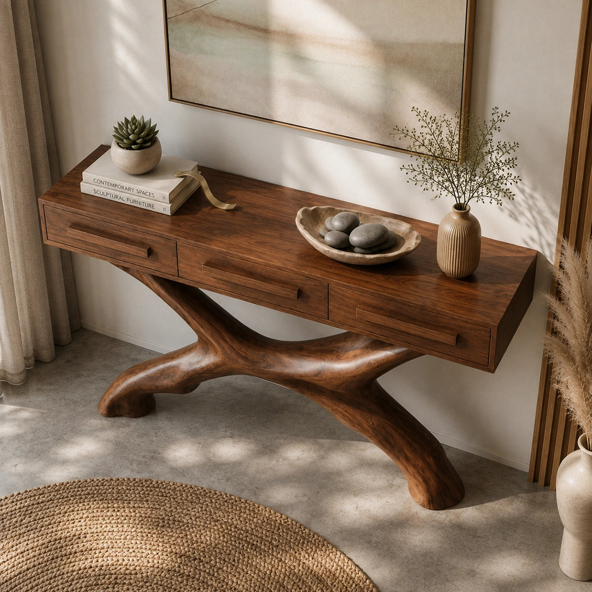 Console Table with Sculptural X-Base in Natural Solid Wood for Entryways - Woodenecho - 4