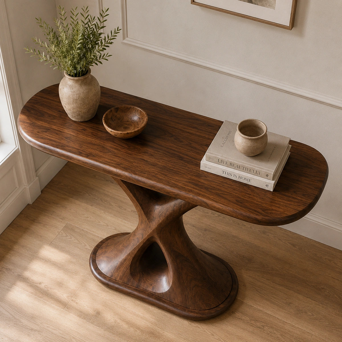 Console Table with Sculptural X-Base in Natural Solid Wood for Entryways - Woodenecho - 4