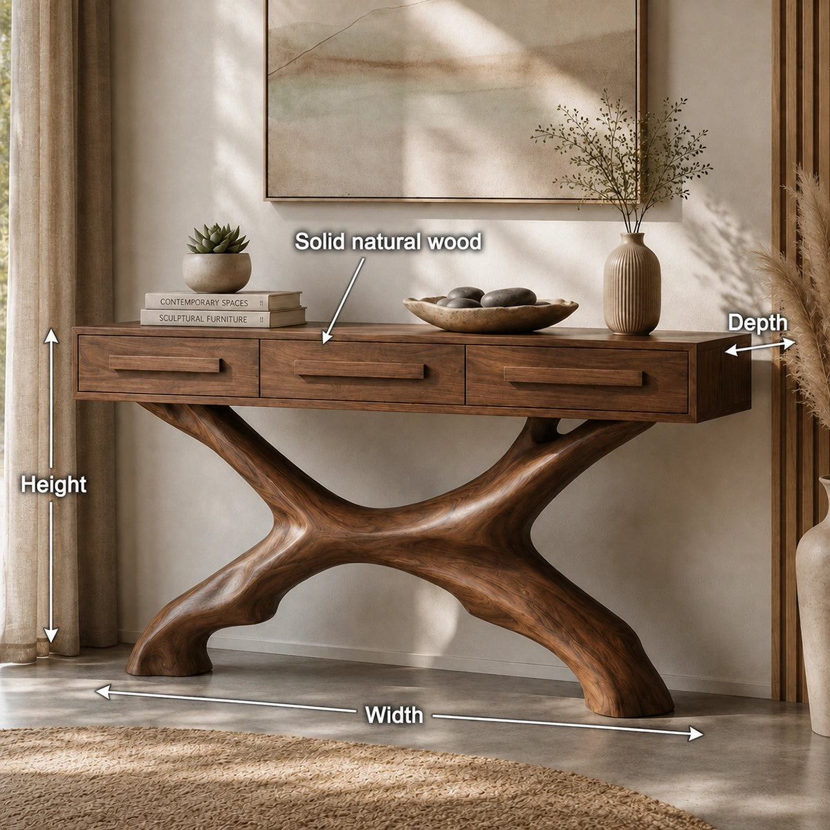 Console Table with Sculptural X-Base in Natural Solid Wood for Entryways - Woodenecho - 5
