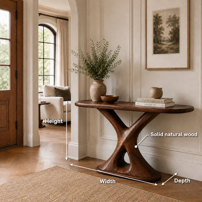 Console Table with Sculptural X-Base in Natural Solid Wood for Entryways - Woodenecho - 5