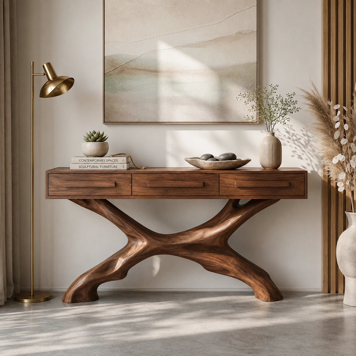 Console Table with Sculptural X-Base in Natural Solid Wood for Entryways - Woodenecho - 6