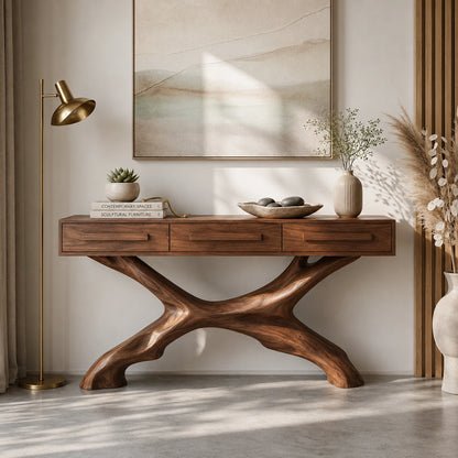 Console Table with Sculptural X-Base in Natural Solid Wood for Entryways - Woodenecho - 6