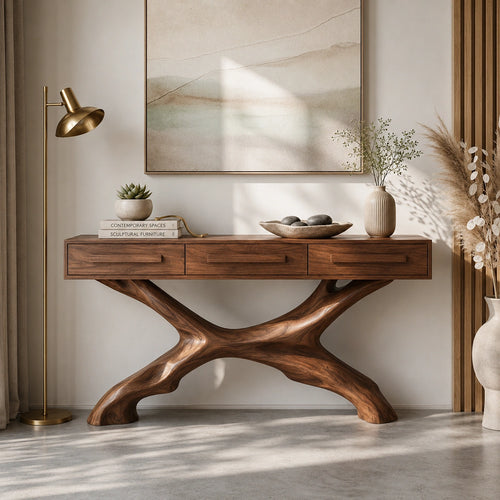 Console Table with Sculptural X-Base in Natural Solid Wood for Entryways - Woodenecho - 6