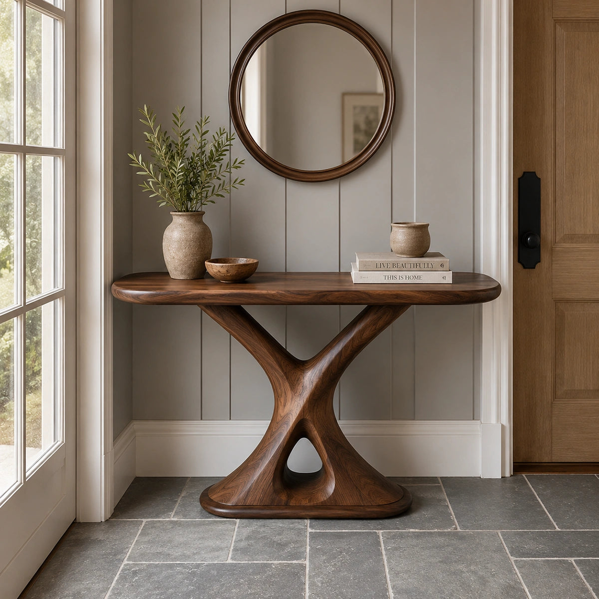 Console Table with Sculptural X-Base in Natural Solid Wood for Entryways - Woodenecho - 6
