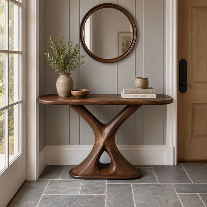 Console Table with Sculptural X-Base in Natural Solid Wood for Entryways - Woodenecho - 6