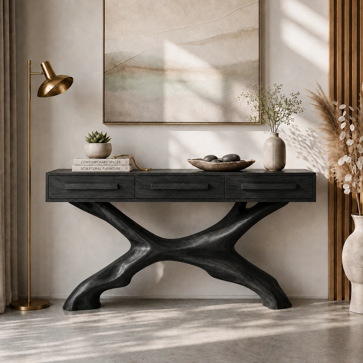 Console Table with Sculptural X-Base in Natural Solid Wood for Entryways - Woodenecho - 7