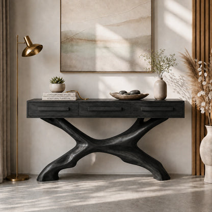 Console Table with Sculptural X-Base in Natural Solid Wood for Entryways - Woodenecho - 7