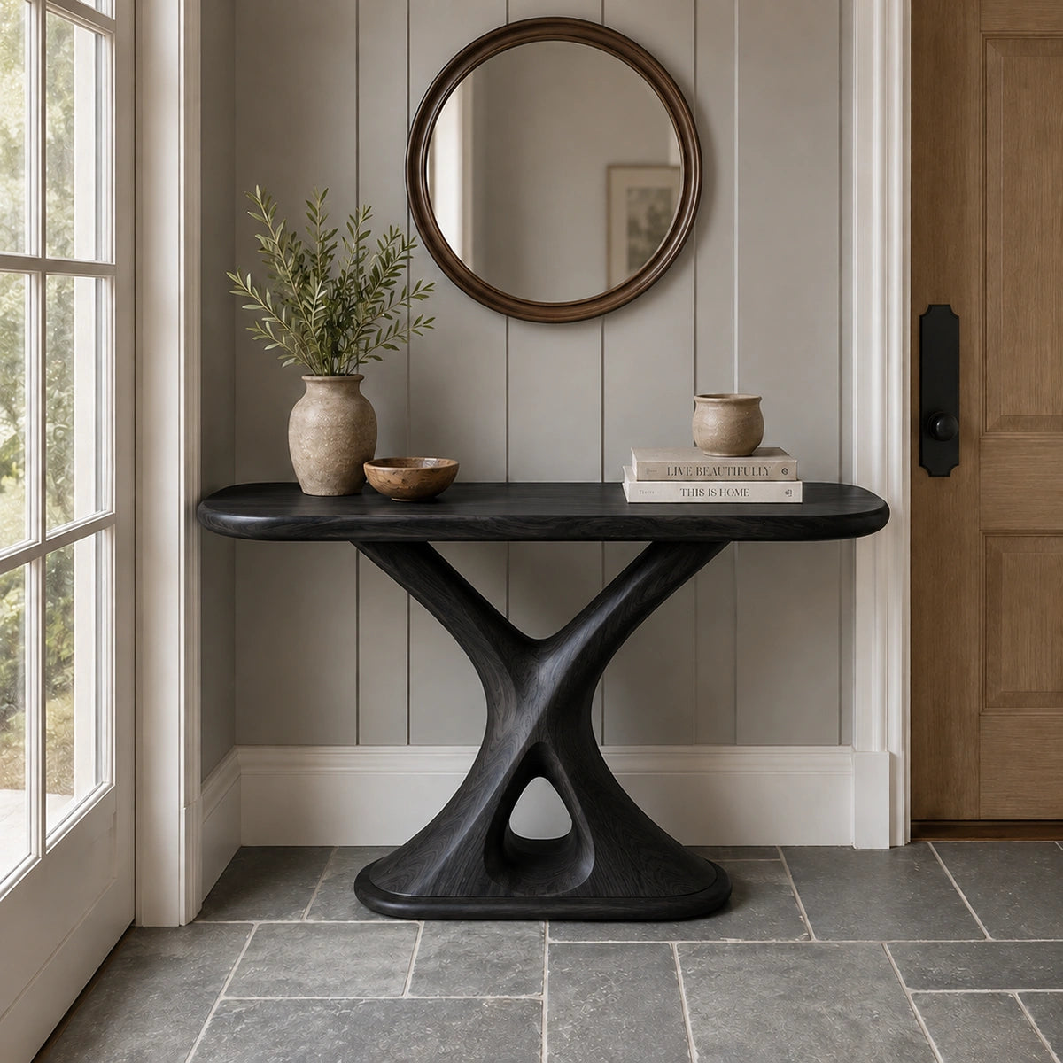 Console Table with Sculptural X-Base in Natural Solid Wood for Entryways - Woodenecho - 7