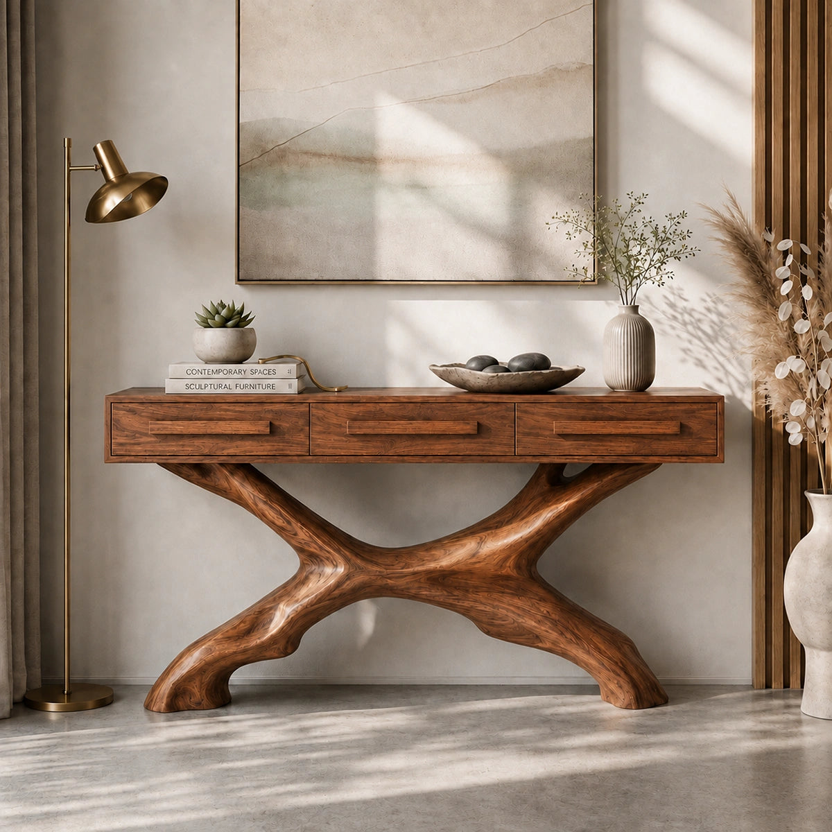 Console Table with Sculptural X-Base in Natural Solid Wood for Entryways - Woodenecho - 8