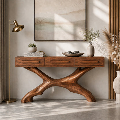 Console Table with Sculptural X-Base in Natural Solid Wood for Entryways - Woodenecho - 8