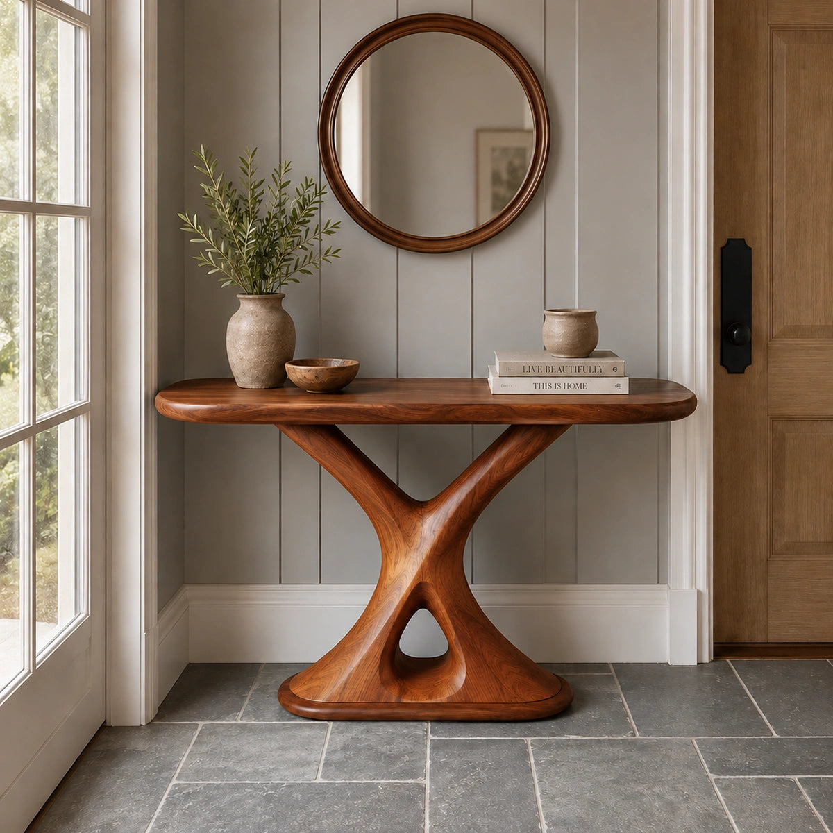 Console Table with Sculptural X-Base in Natural Solid Wood for Entryways - Woodenecho - 8