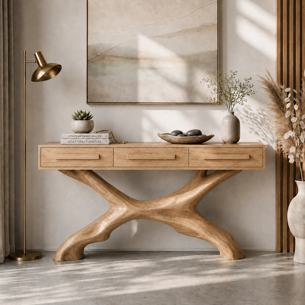Console Table with Sculptural X-Base in Natural Solid Wood for Entryways - Woodenecho - 9