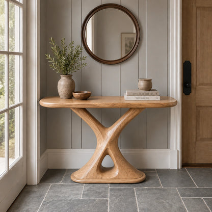 Console Table with Sculptural X-Base in Natural Solid Wood for Entryways - Woodenecho - 9