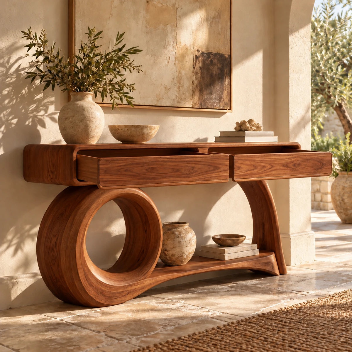 Console Table with Storage, Circular Loop and Sweeping Curved Leg Base - Woodenecho - 11