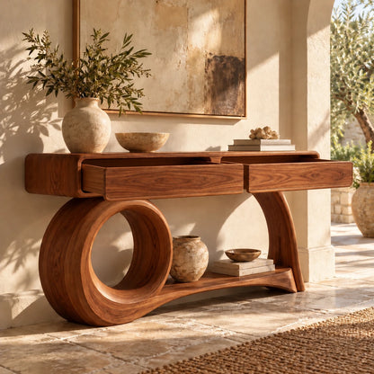 Console Table with Storage, Circular Loop and Sweeping Curved Leg Base - Woodenecho - 11