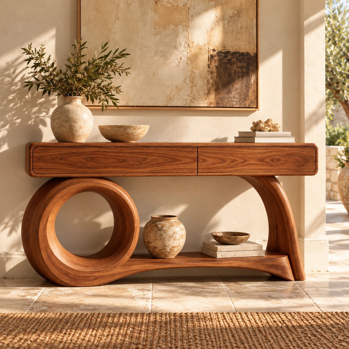 Console Table with Storage, Circular Loop and Sweeping Curved Leg Base - Woodenecho - 2