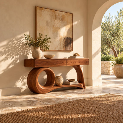 Console Table with Storage, Circular Loop and Sweeping Curved Leg Base - Woodenecho - 3