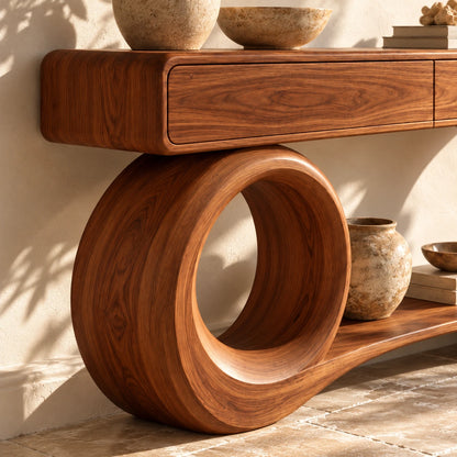 Console Table with Storage, Circular Loop and Sweeping Curved Leg Base - Woodenecho - 4