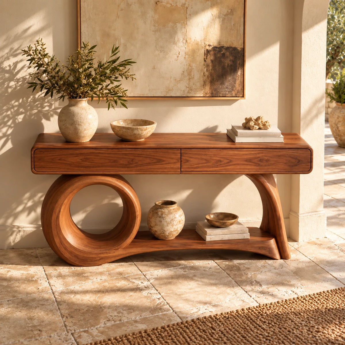 Console Table with Storage, Circular Loop and Sweeping Curved Leg Base - Woodenecho - 5