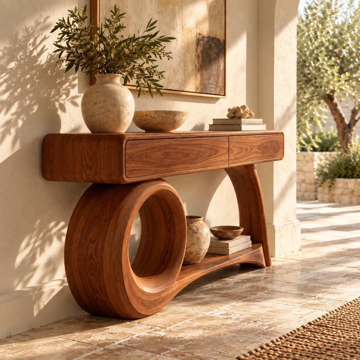 Console Table with Storage, Circular Loop and Sweeping Curved Leg Base - Woodenecho - 6