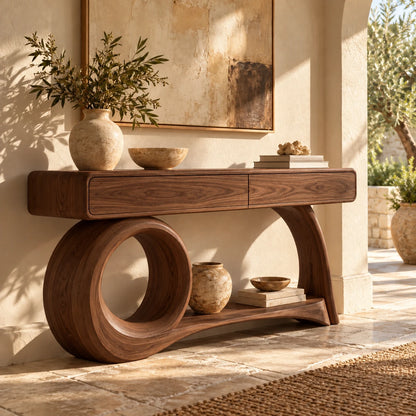 Console Table with Storage, Circular Loop and Sweeping Curved Leg Base - Woodenecho - 7