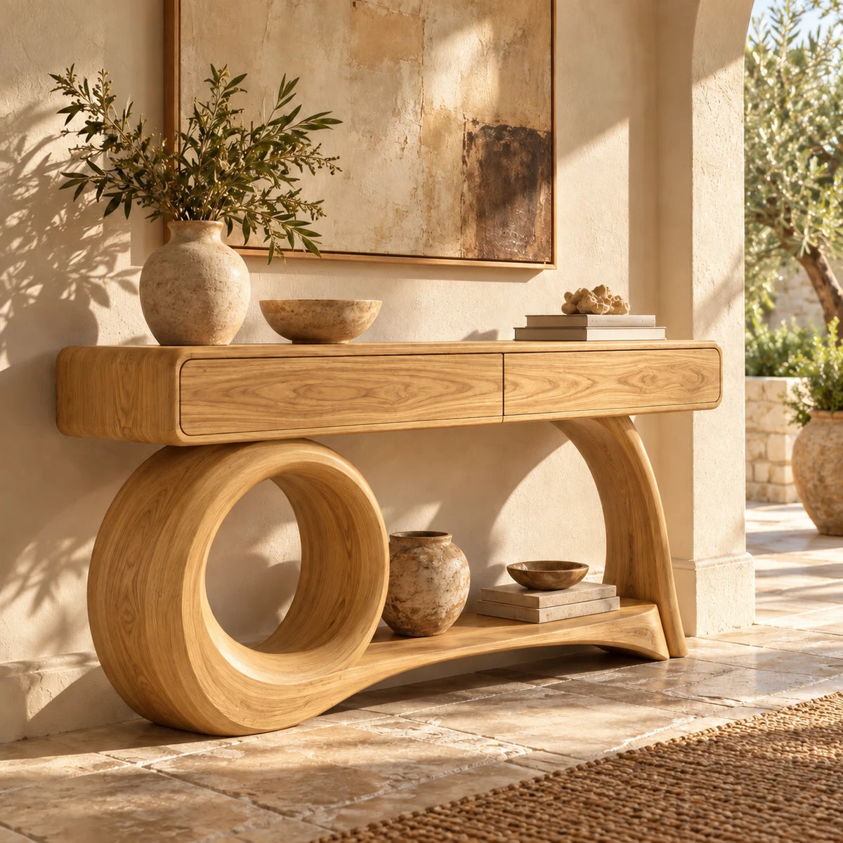 Console Table with Storage, Circular Loop and Sweeping Curved Leg Base - Woodenecho - 8
