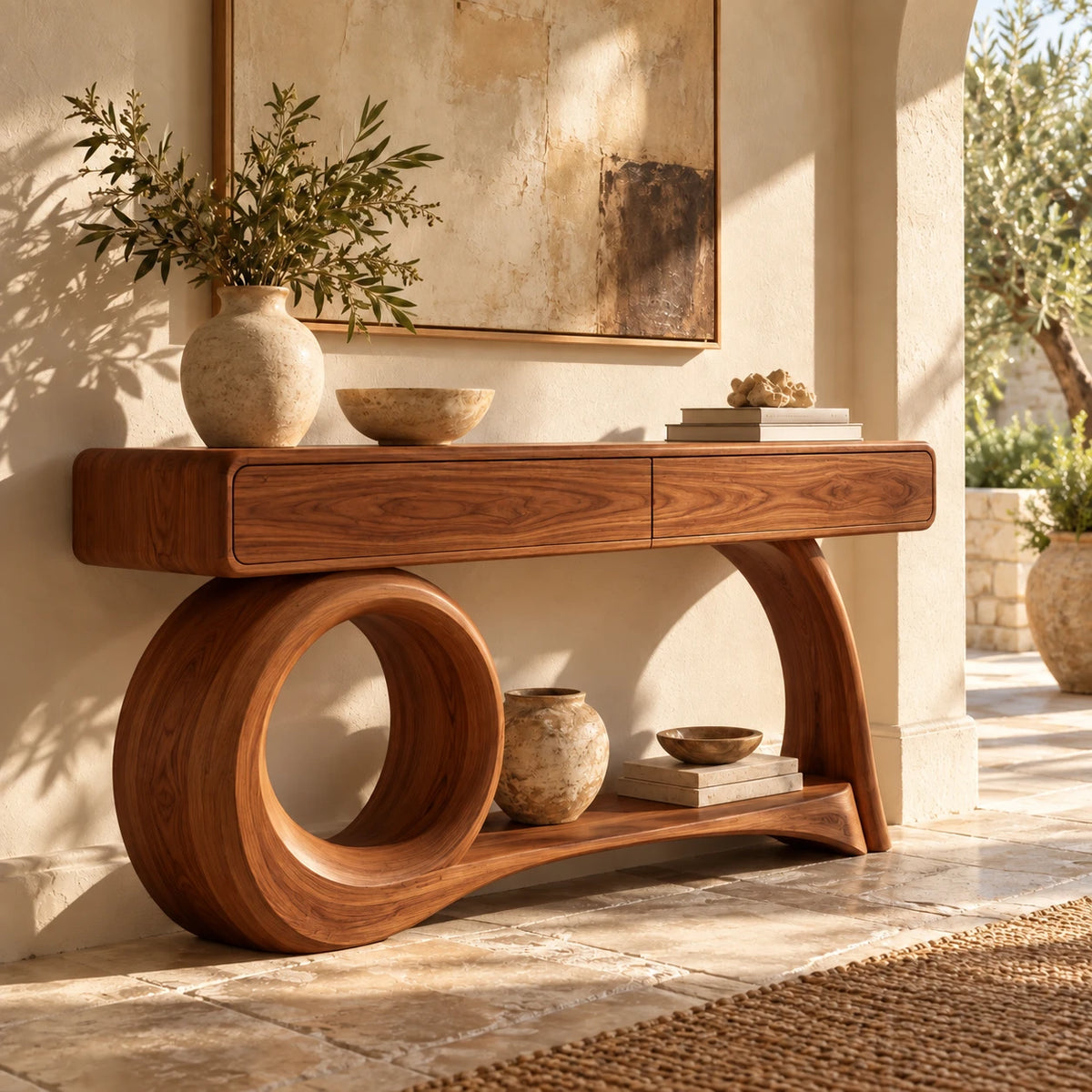 Console Table with Storage, Circular Loop and Sweeping Curved Leg Base - Woodenecho