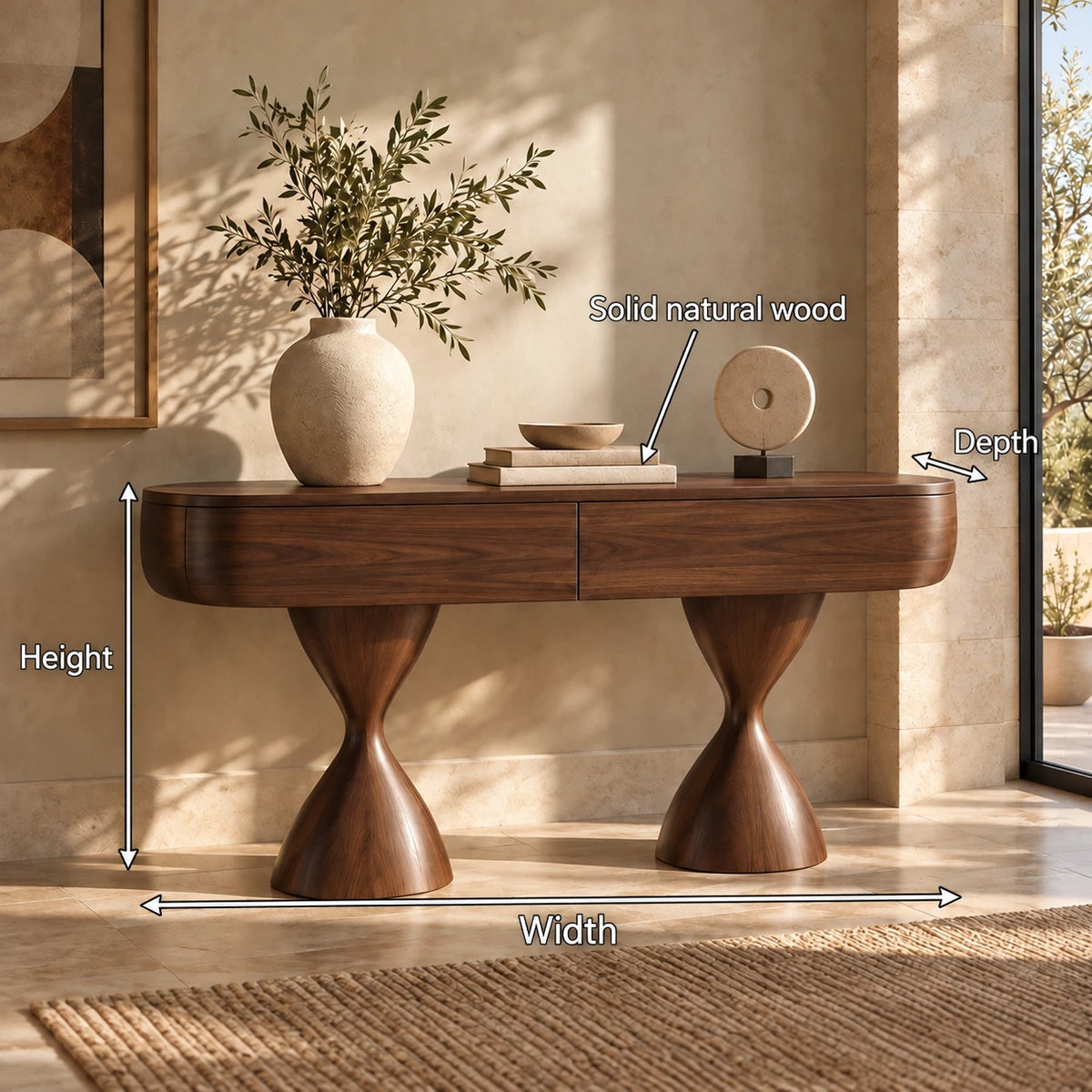 Console Table with Storage, Twin Hourglass Pedestals and Rounded Oval Top - Woodenecho - 10