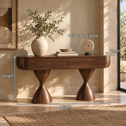 Console Table with Storage, Twin Hourglass Pedestals and Rounded Oval Top - Woodenecho - 10