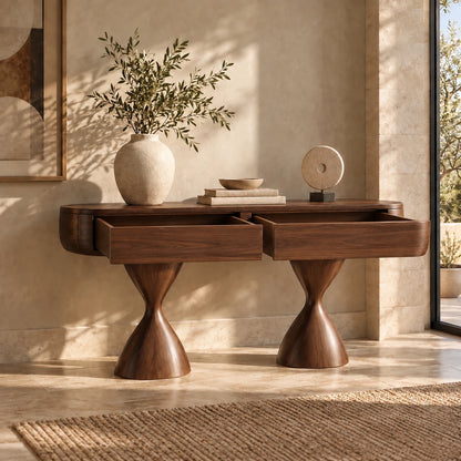 Console Table with Storage, Twin Hourglass Pedestals and Rounded Oval Top - Woodenecho - 11