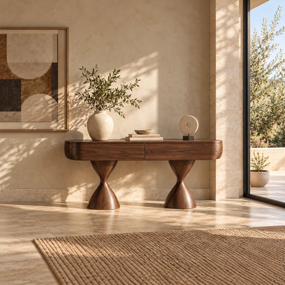 Console Table with Storage, Twin Hourglass Pedestals and Rounded Oval Top - Woodenecho - 2