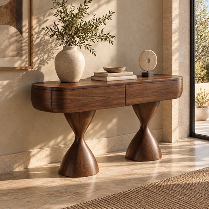 Console Table with Storage, Twin Hourglass Pedestals and Rounded Oval Top - Woodenecho - 3