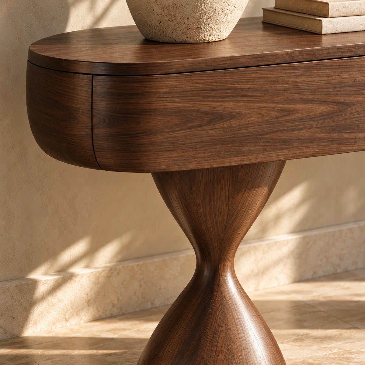 Console Table with Storage, Twin Hourglass Pedestals and Rounded Oval Top - Woodenecho - 4