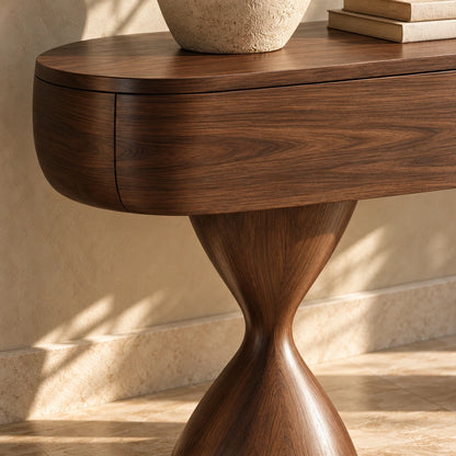Console Table with Storage, Twin Hourglass Pedestals and Rounded Oval Top - Woodenecho - 4