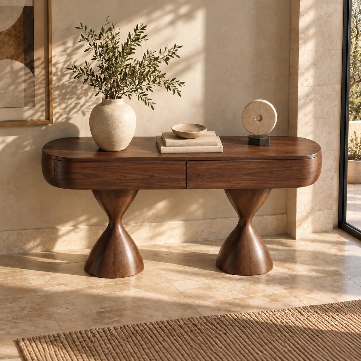 Console Table with Storage, Twin Hourglass Pedestals and Rounded Oval Top - Woodenecho - 5