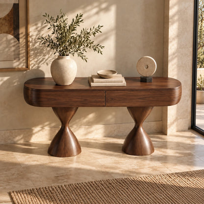 Console Table with Storage, Twin Hourglass Pedestals and Rounded Oval Top - Woodenecho - 5